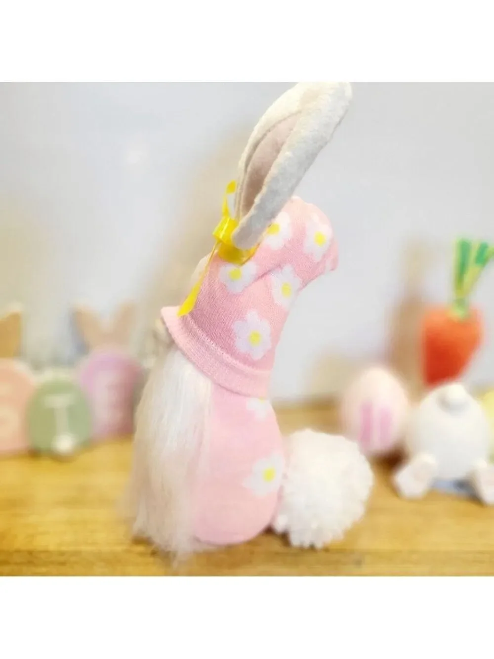 Pink Easter Bunny Gnome with Yellow Bow Decor 11 Inch